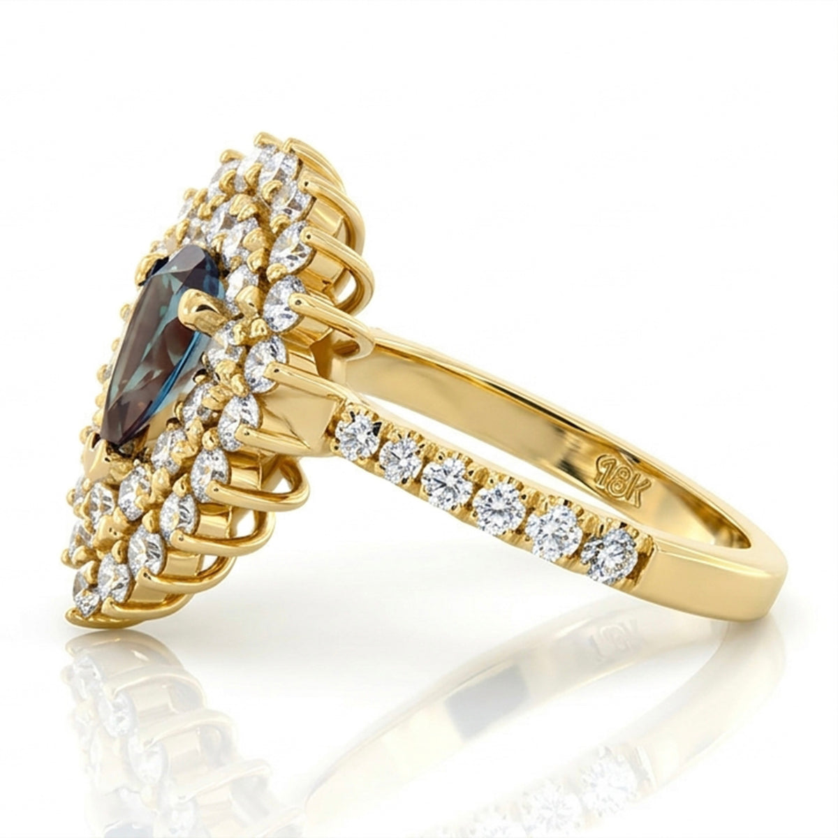 Pear Lab-Grown Alexandrite Ring with Natural Diamond Double Halo and Accents