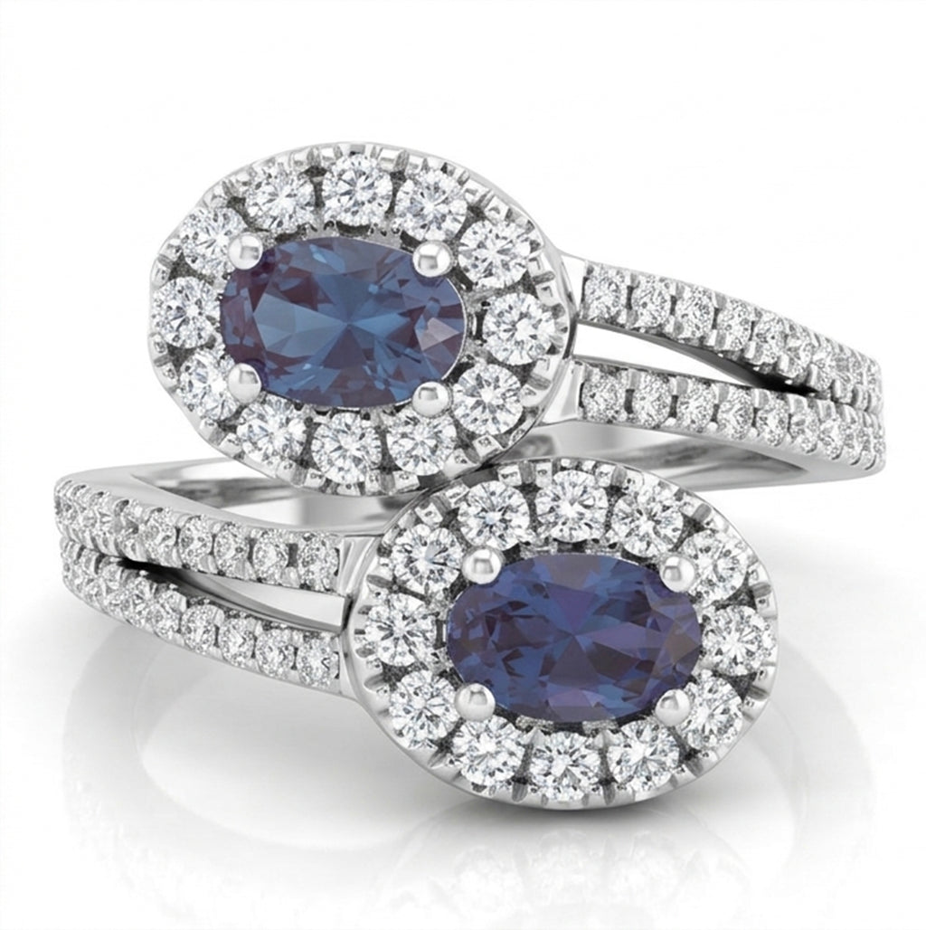 Oval Lab-Grown Alexandrite Bypass Ring with Natural Diamond Halo and Accents