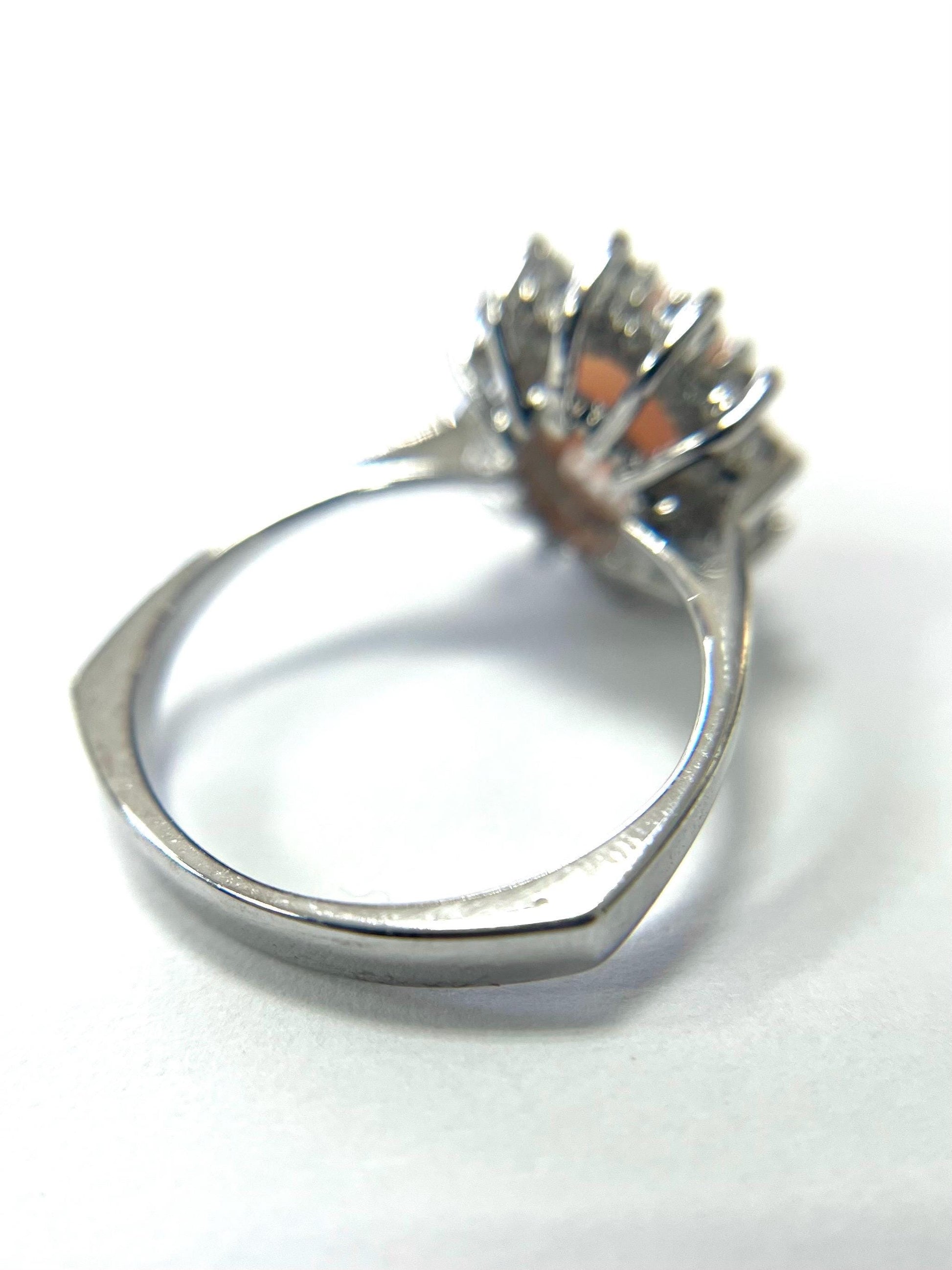 Estate 14k White Gold Cabochon Coral & Diamond Ring Size 6.5 Euro Shank Band