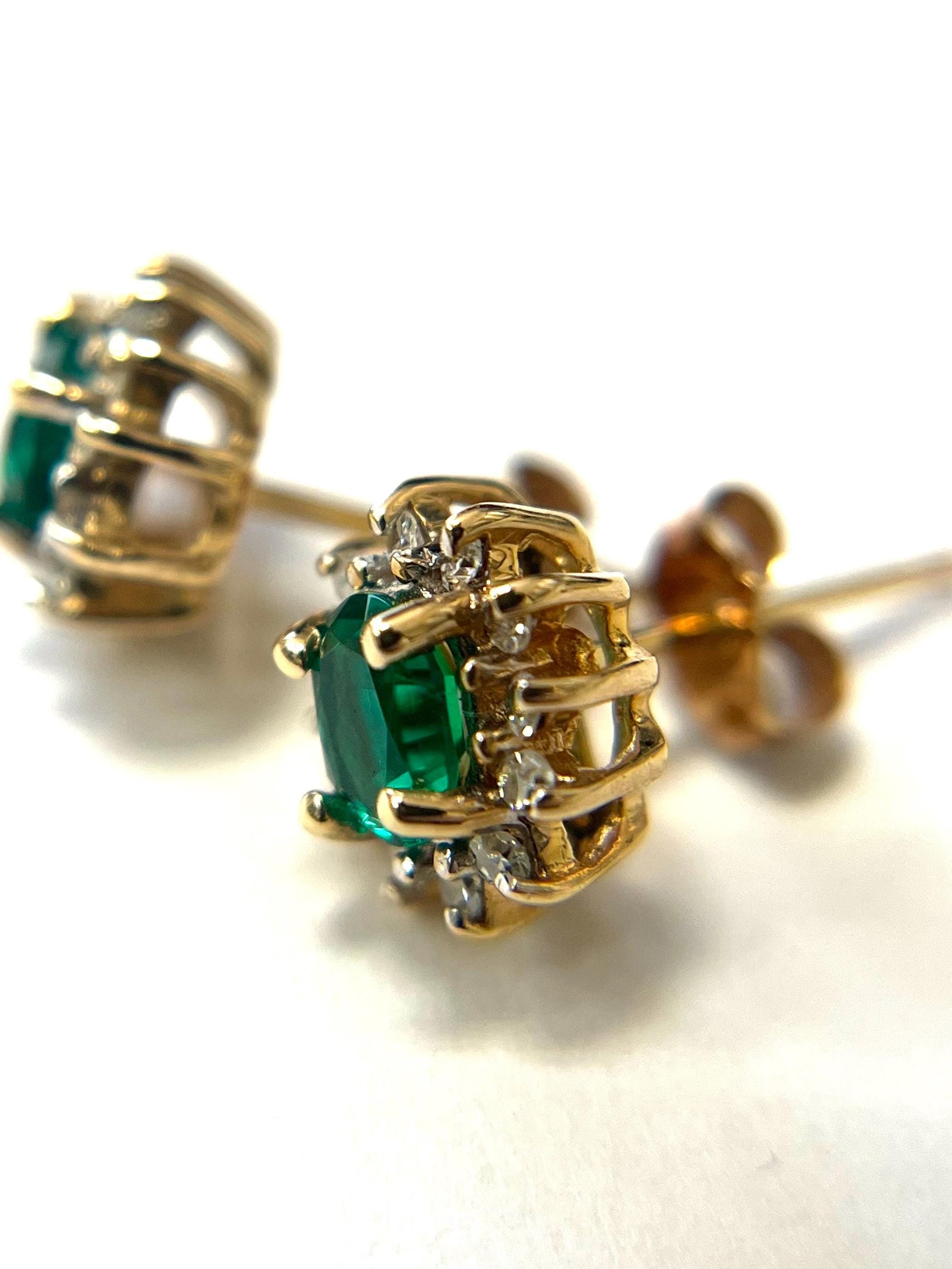 10k Yellow Gold Pushback Emerald Earrings with Diamonds