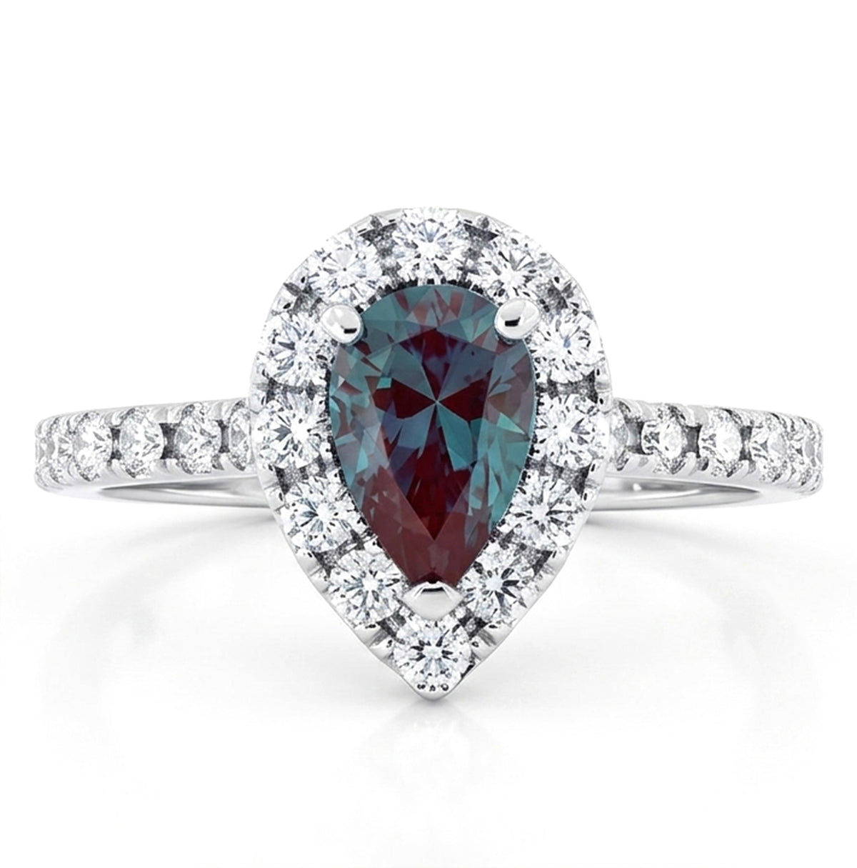 Pear Lab-Grown Alexandrite Ring with Natural Diamond Halo and Accents