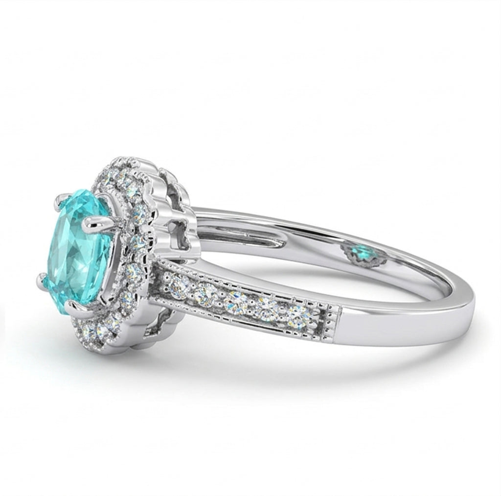 Oval Lab-Grown Paraiba Ring with Natural Diamond Halo and Milgrain Accents