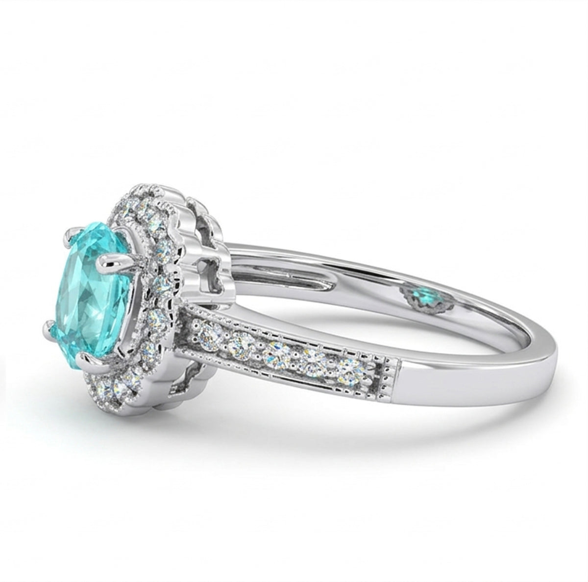 Oval Lab-Grown Paraiba Ring with Natural Diamond Halo and Milgrain Accents