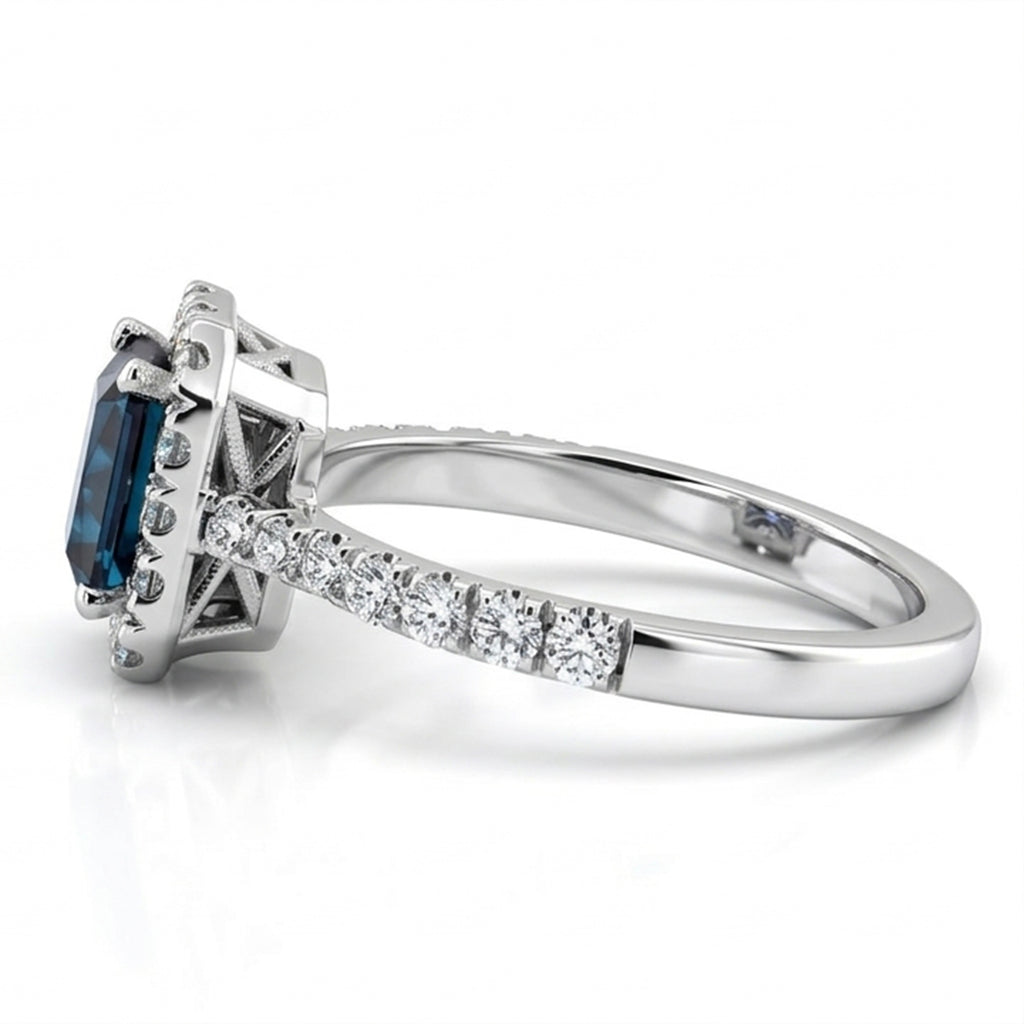 Radiant Lab-Grown Alexandrite Ring with Natural Diamond Halo and Accents