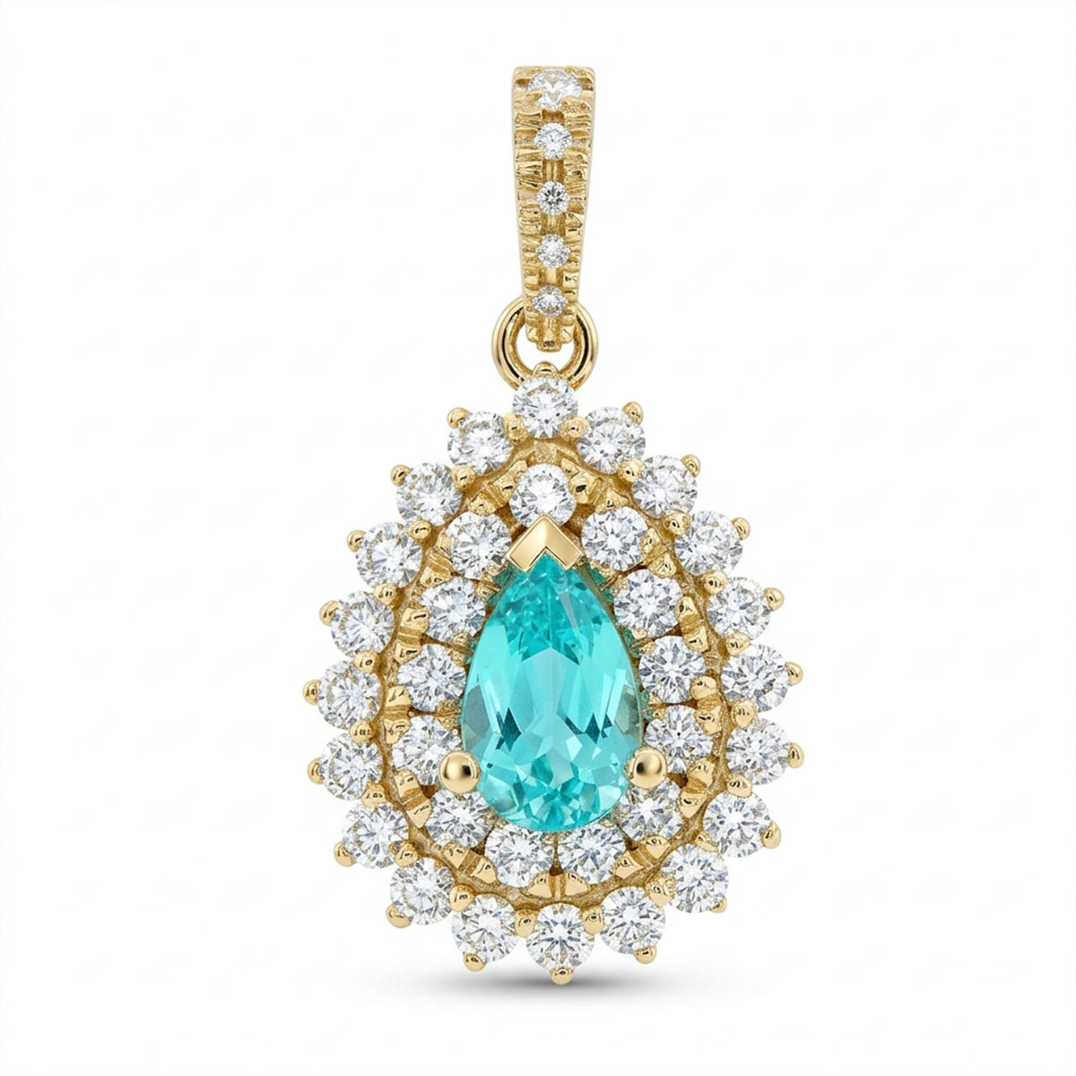 Pear Lab-Grown Paraiba Pendant with Natural Diamond Double Halo and Diamond Bale