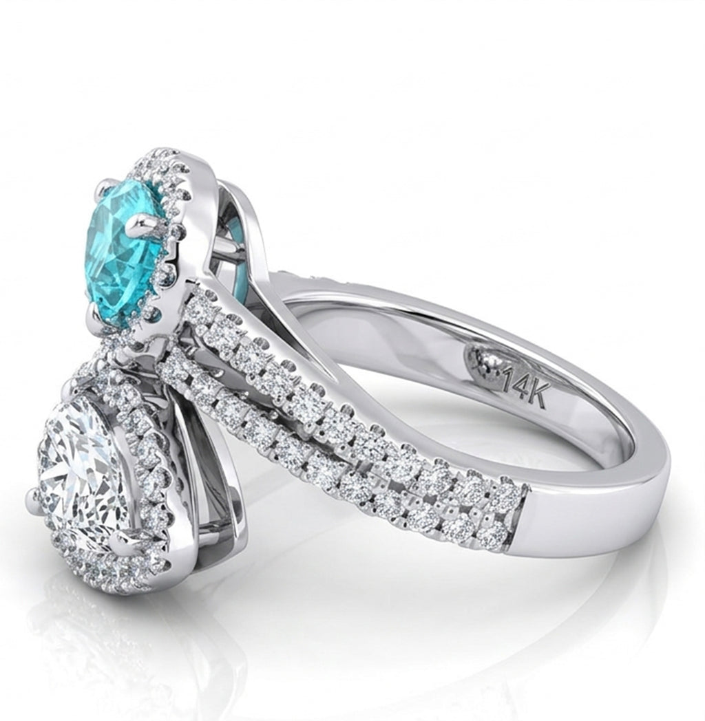 Pear Lab-Grown Paraiba and Diamond Bypass Ring with Natural Diamond Halo and Accents