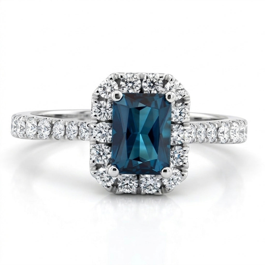 Radiant Lab-Grown Alexandrite Ring with Natural Diamond Halo and Accents