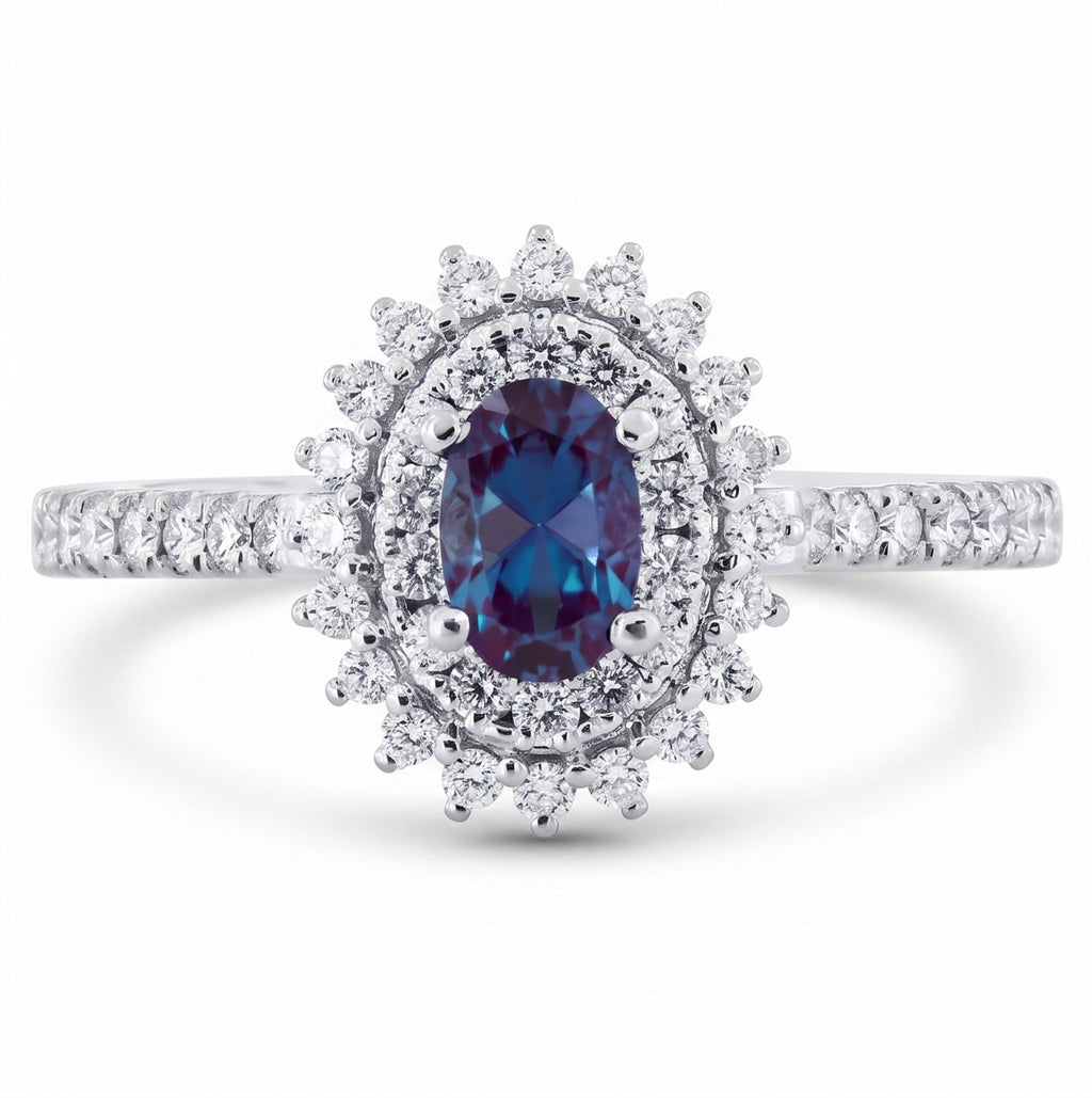 Oval Lab-Grown Alexandrite Ring with Natural Diamond Double Halo and Accents