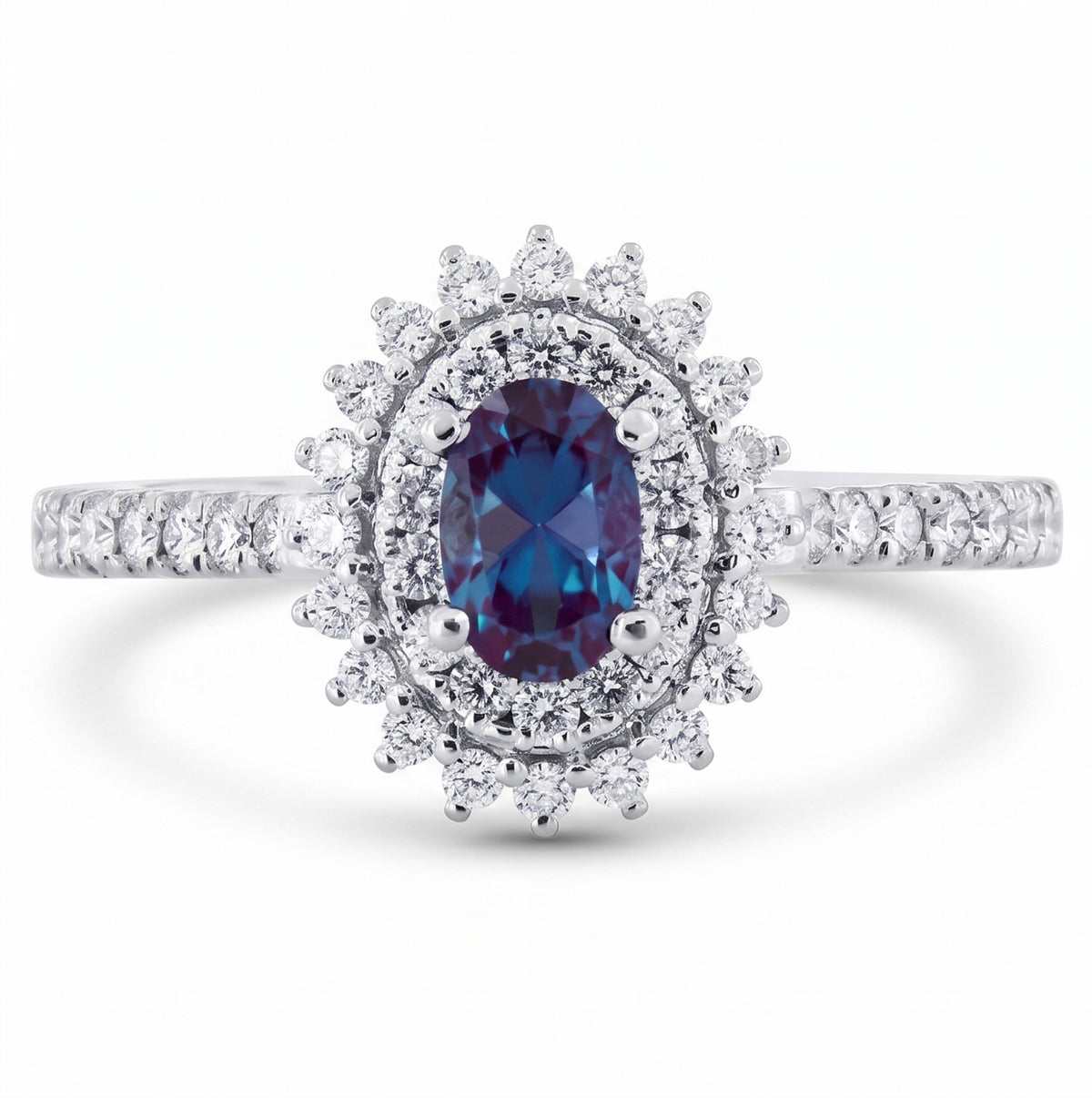Oval Lab-Grown Alexandrite Ring with Natural Diamond Double Halo and Accents