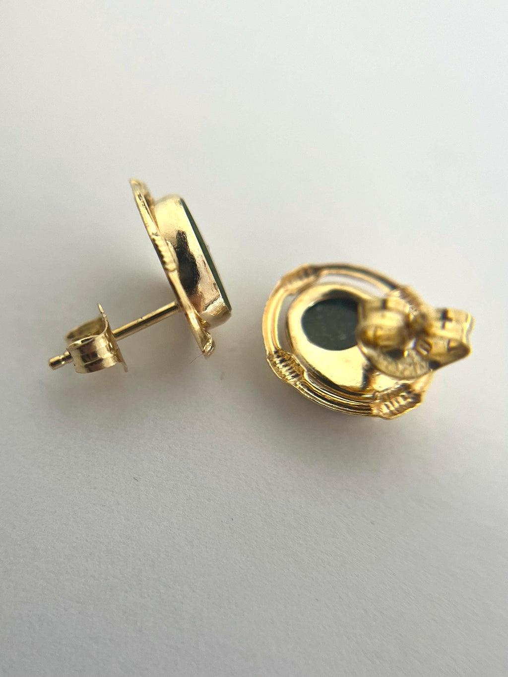 Jade Studs Earrings with Push Backs - 14k Yellow Gold Oval Shape VINTAGE