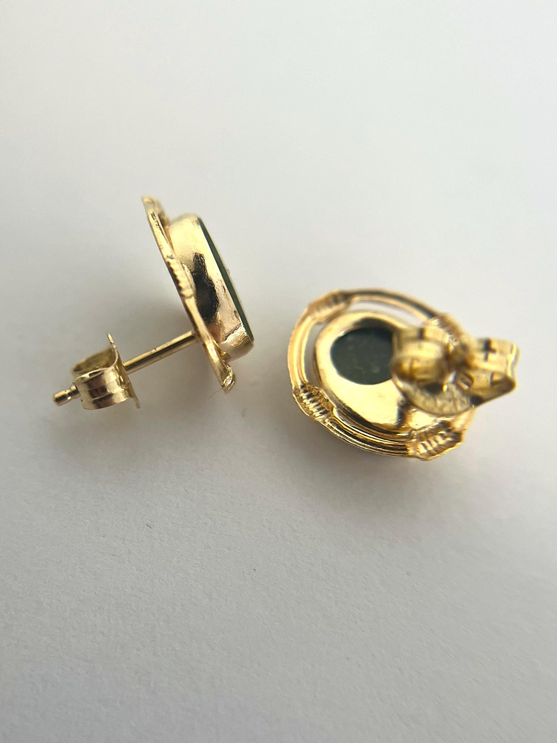 Jade Studs Earrings with Push Backs - 14k Yellow Gold Oval Shape VINTAGE