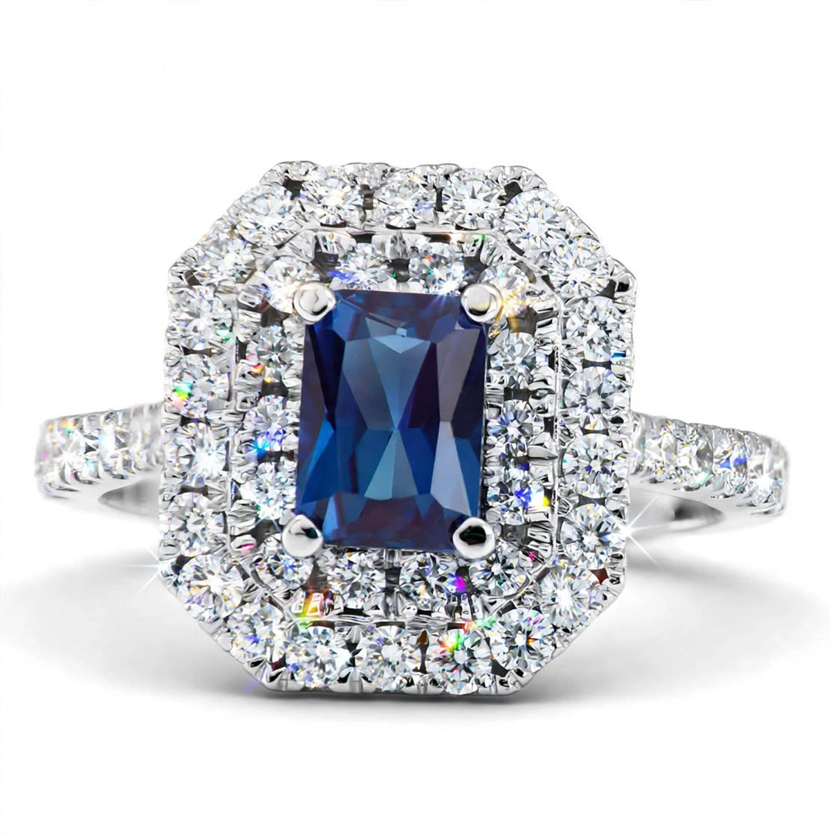 Radiant Lab-Grown Alexandrite Ring with Natural Diamond Double Halo and Accents