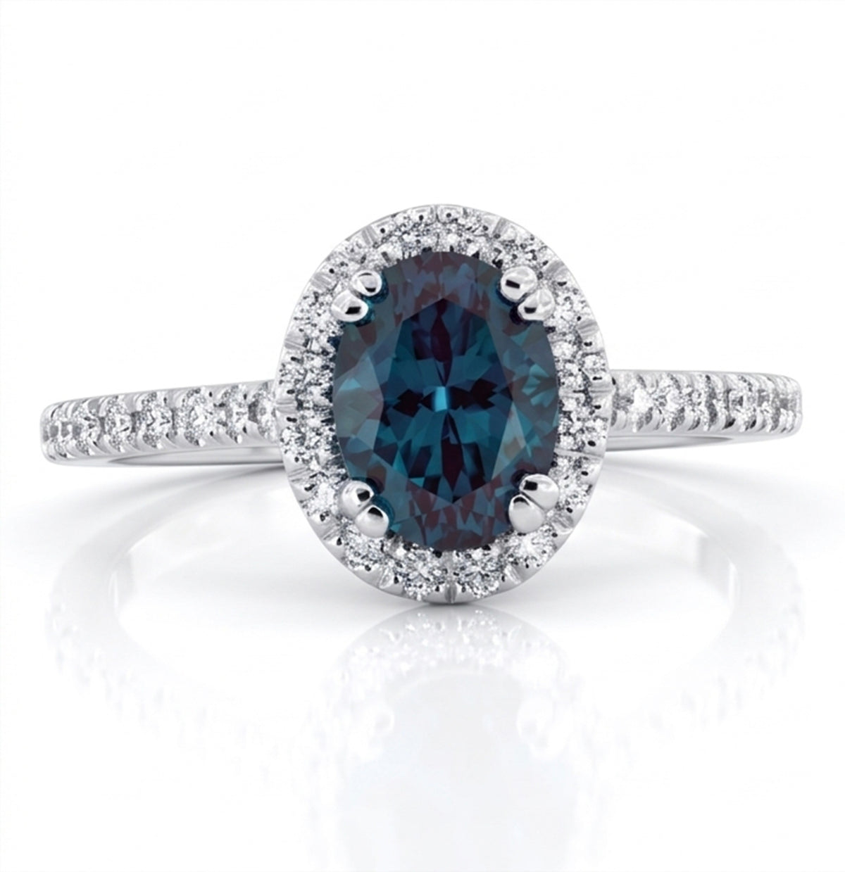 Oval Lab-Grown Alexandrite Ring with Natural Diamond Halo and Accents Double Claw Prongs