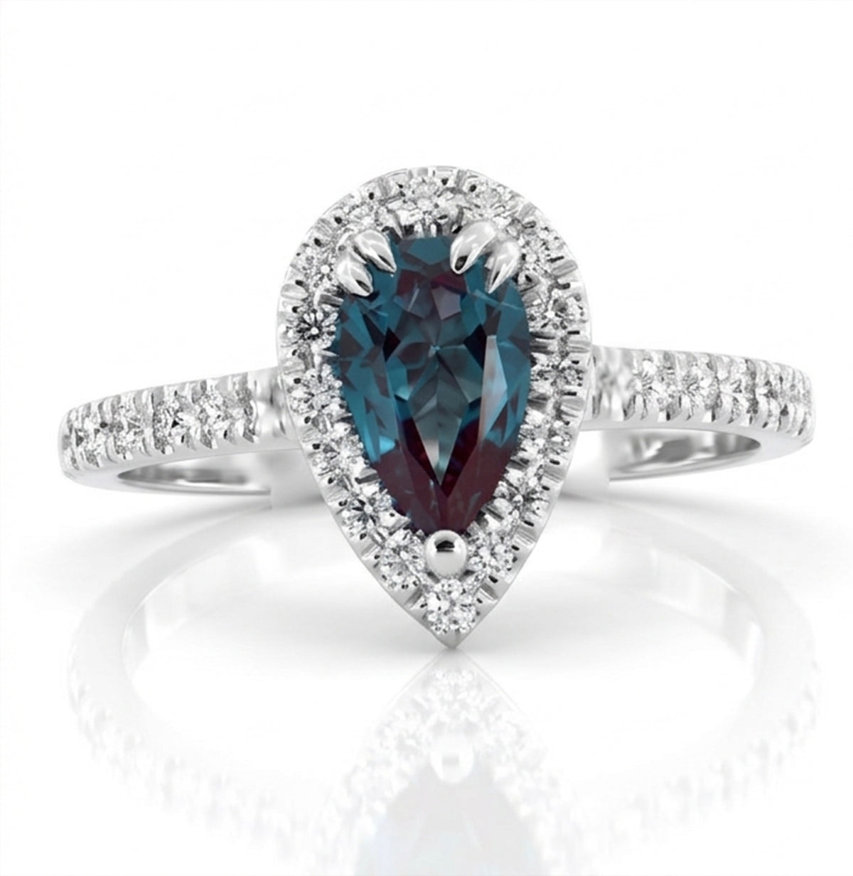 Pear Lab-Grown Alexandrite Ring with Natural Diamond Halo and Accents Double Claw Prongs