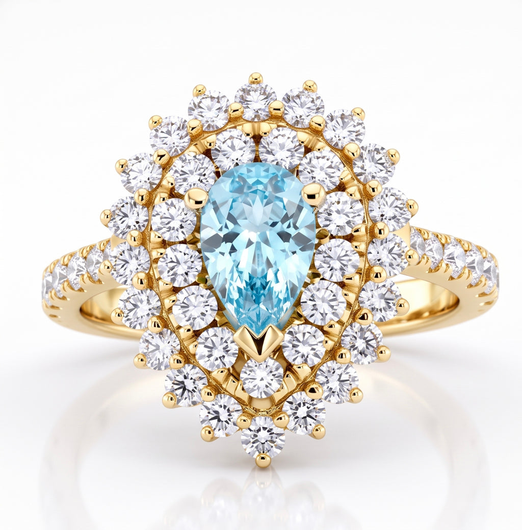 Pear Lab-Grown Paraiba Ring with Natural Diamond Double Halo and Accents
