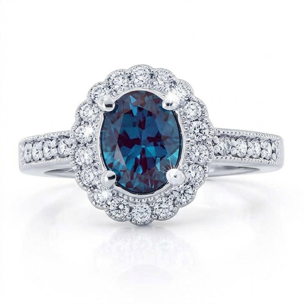 Oval Lab-Grown Alexandrite Milgrain Ring with Natural Diamond Halo and Milgrain Accents