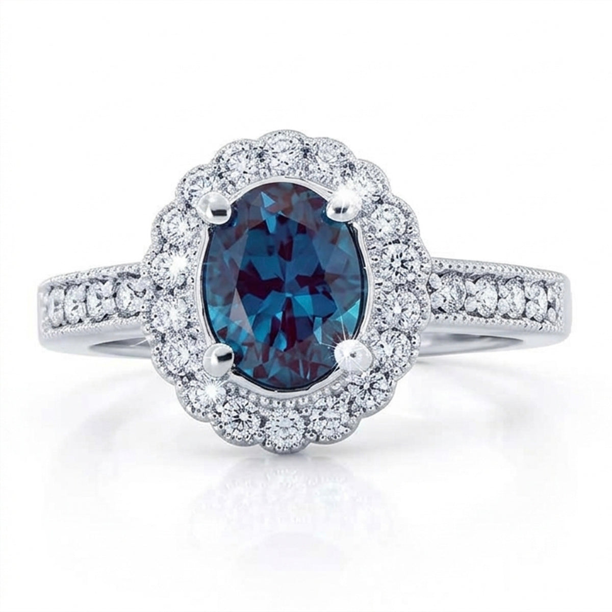 Oval Lab-Grown Alexandrite Milgrain Ring with Natural Diamond Halo and Milgrain Accents