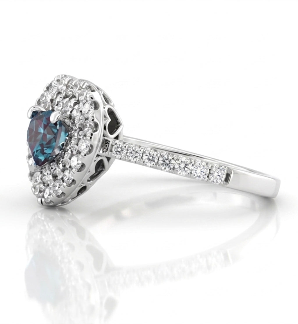 Heart-Shaped Lab-Grown Alexandrite Ring with Natural Diamond Double Halo and Accents