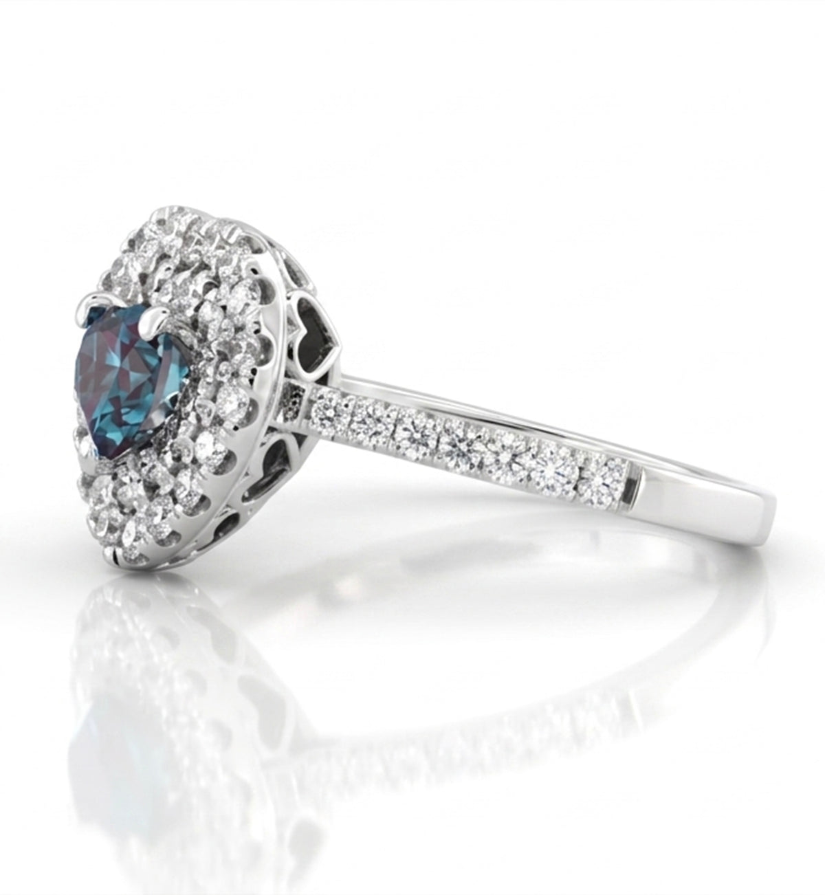 Heart-Shaped Lab-Grown Alexandrite Ring with Natural Diamond Double Halo and Accents