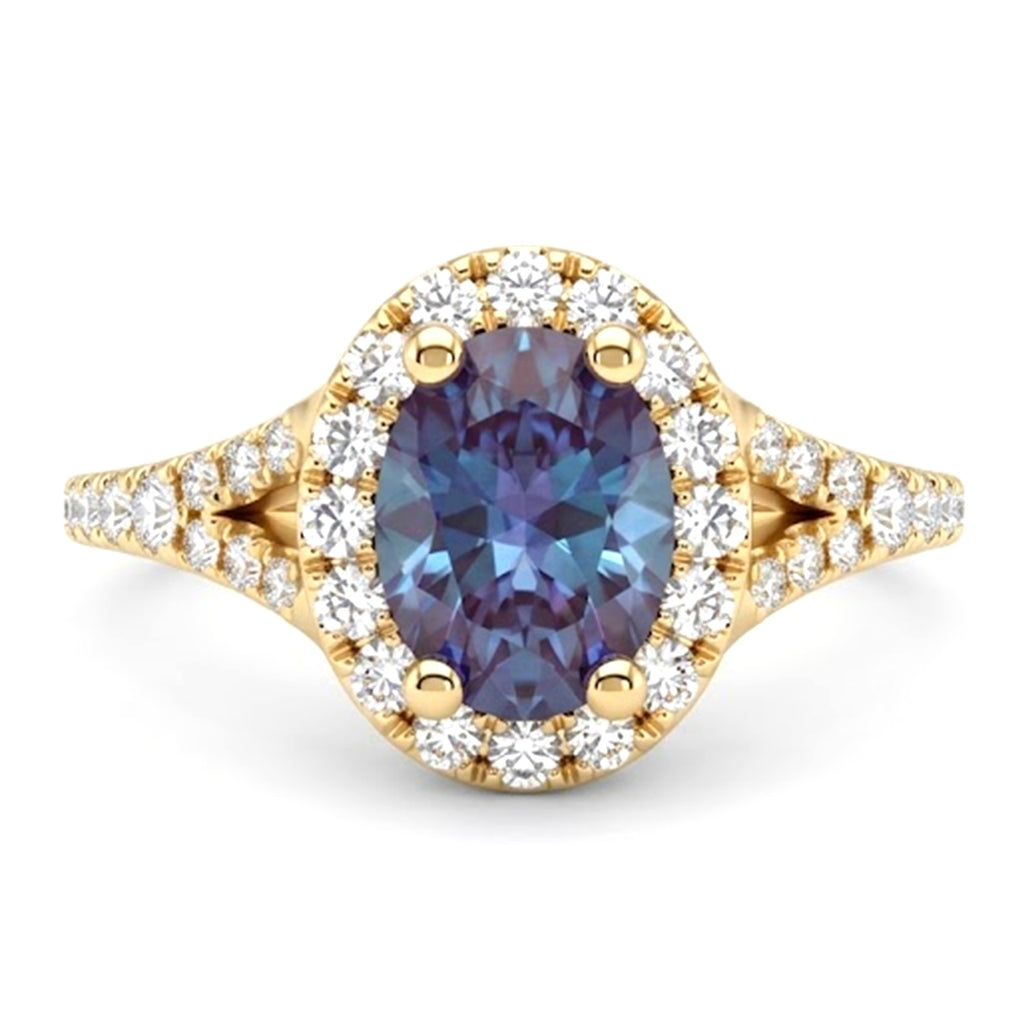 Oval Lab-Grown Alexandrite Ring with Natural Diamond Halo and Accents Split Shank