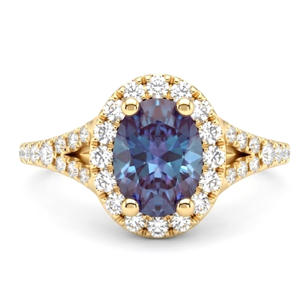 Oval Lab-Grown Alexandrite Ring with Natural Diamond Halo and Accents Split Shank