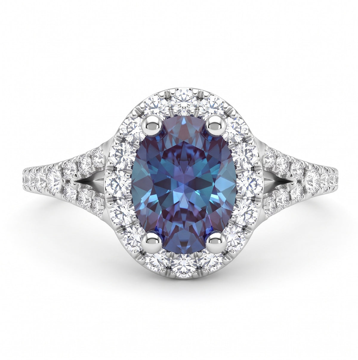 Oval Lab-Grown Alexandrite Ring with Natural Diamond Halo and Accents Split Shank
