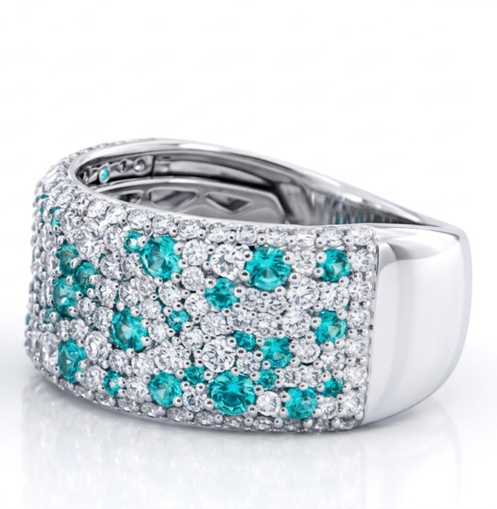 Lab-Grown Paraiba Wide Band Alternating Mixed Stones Ring with Natural Diamonds