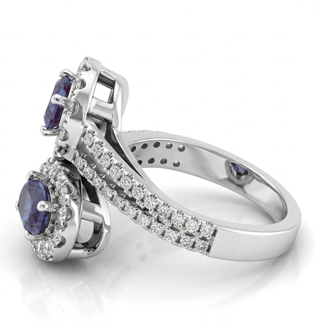 Oval Lab-Grown Alexandrite Bypass Ring with Natural Diamond Halo and Accents