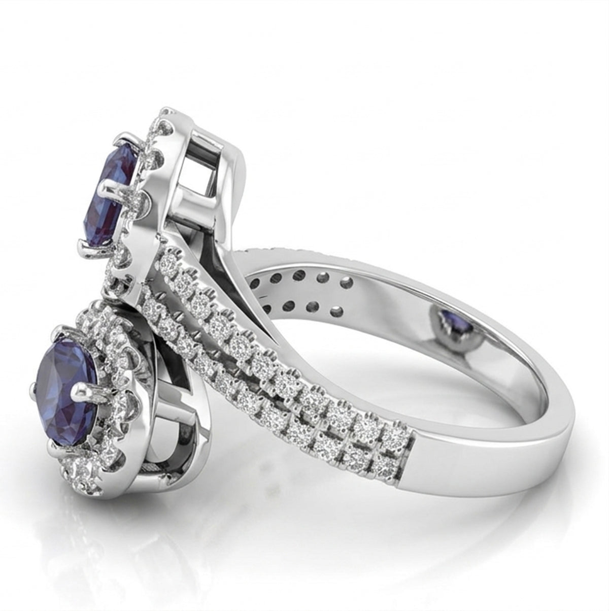 Oval Lab-Grown Alexandrite Bypass Ring with Natural Diamond Halo and Accents