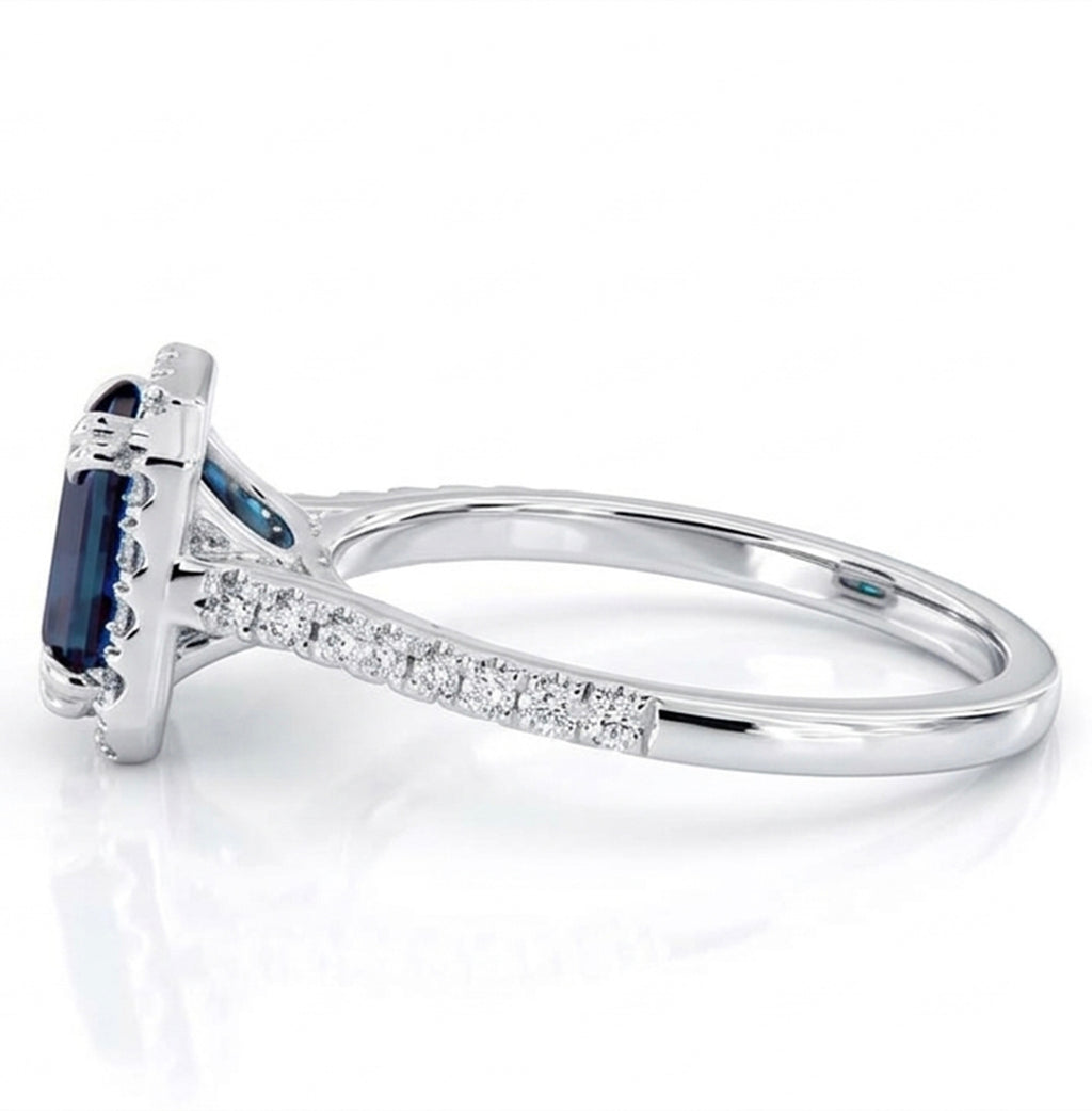 Radiant Lab-Grown Alexandrite Ring with Natural Diamond Halo and Accents Double Claw Prongs