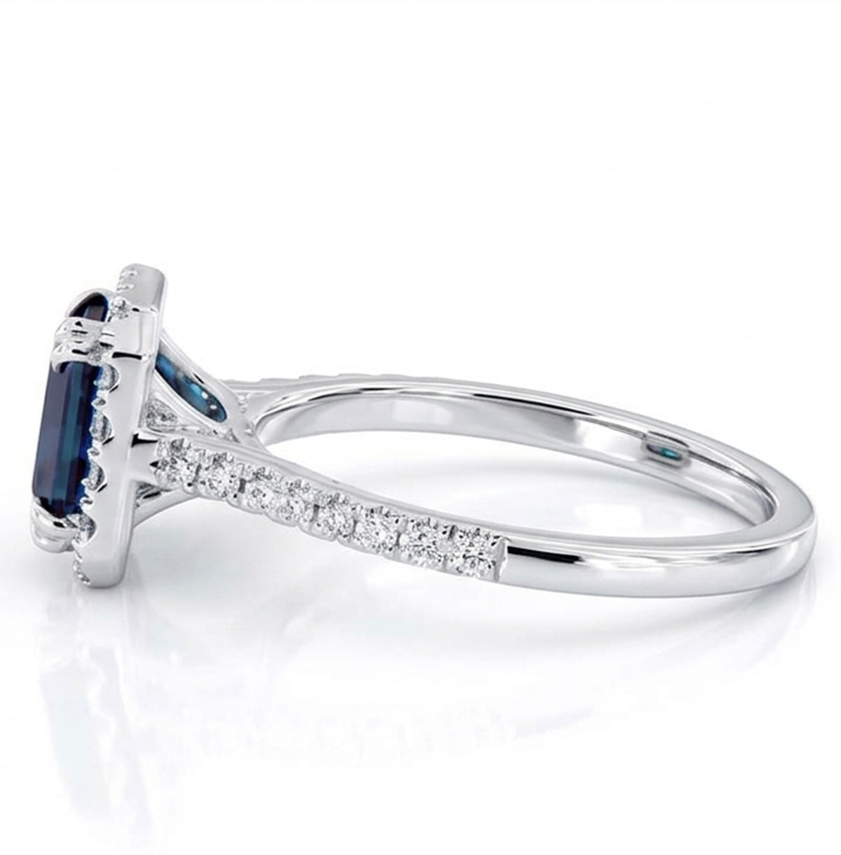 Radiant Lab-Grown Alexandrite Ring with Natural Diamond Halo and Accents Double Claw Prongs