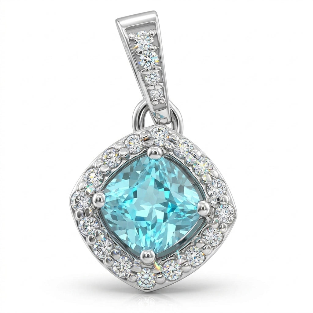 Square Cushion Lab-Grown Paraiba Pendant with Natural Diamond Halo and Bale