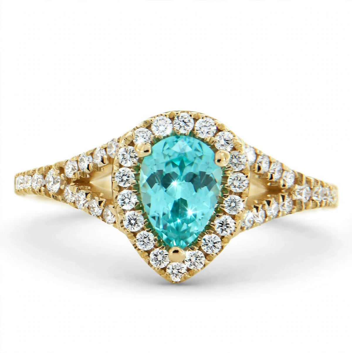 Pear Lab-Grown Paraiba Split Shank Ring with Natural Diamond Halo and Accents