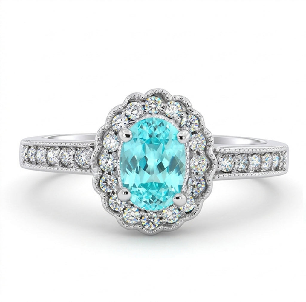 Oval Lab-Grown Paraiba Ring with Natural Diamond Halo and Milgrain Accents