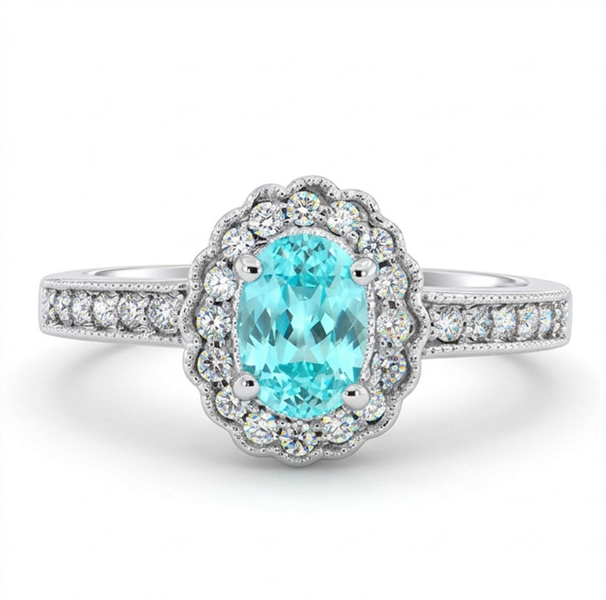 Oval Lab-Grown Paraiba Ring with Natural Diamond Halo and Milgrain Accents
