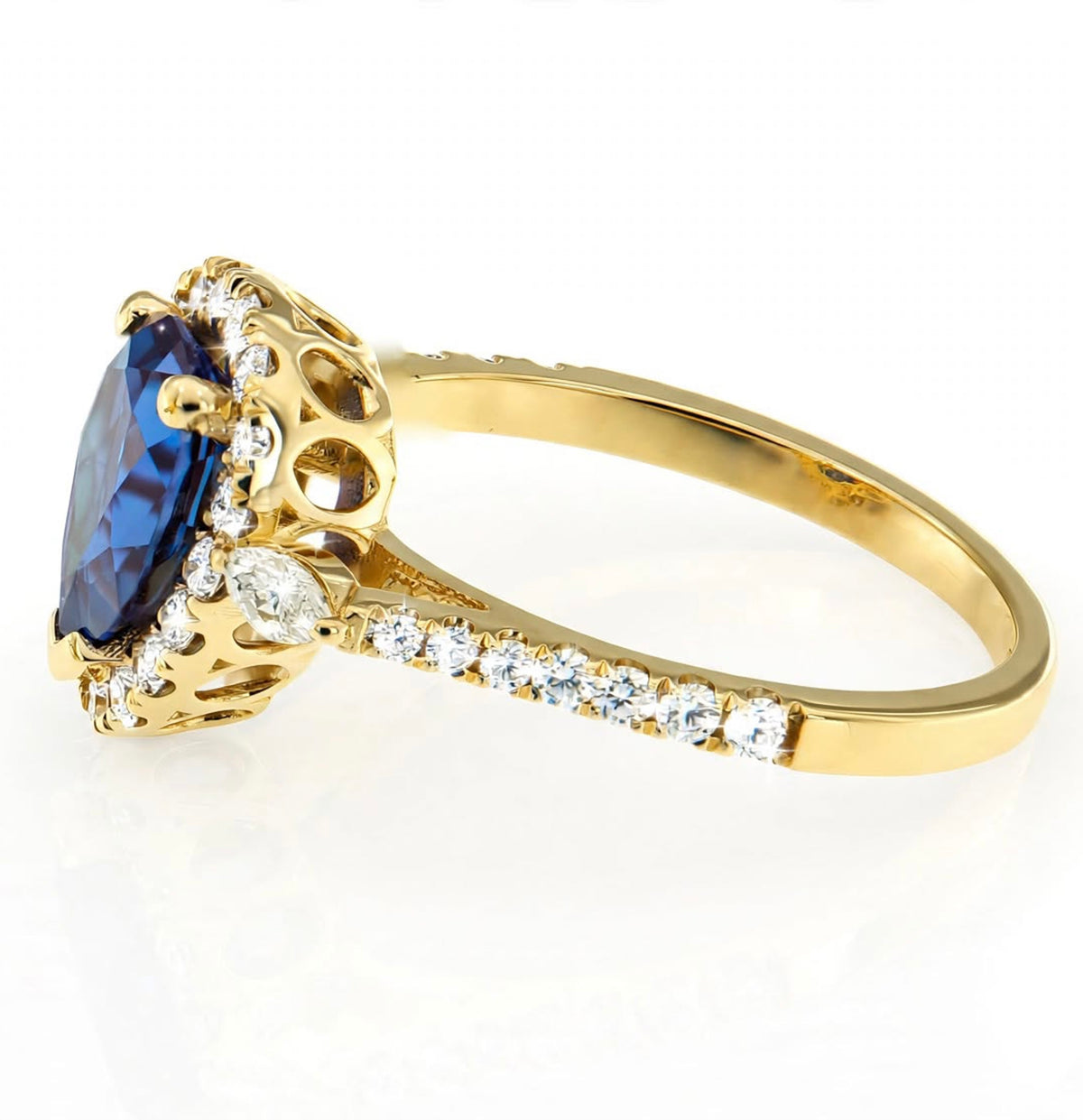 Pear Lab-Grown Alexandrite Ring with Natural Diamond Marquise, Halo and Accents