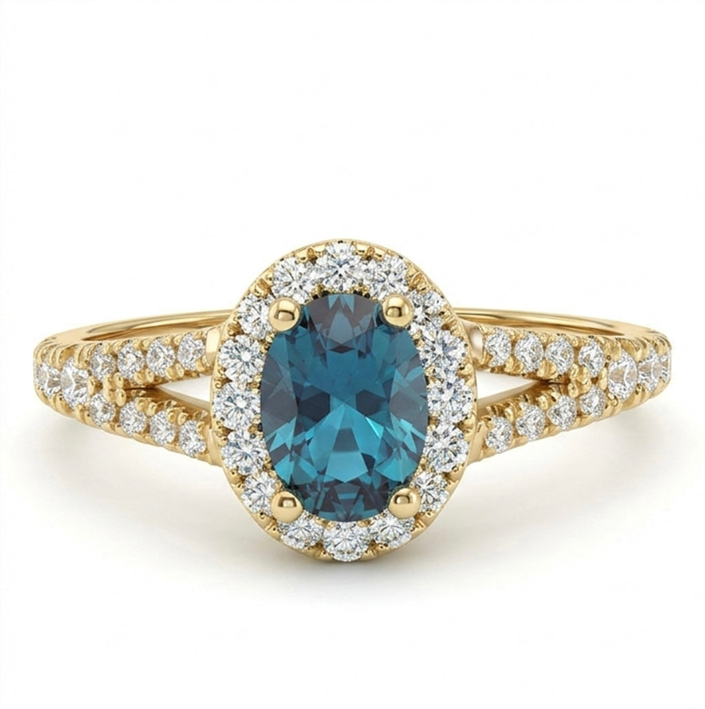 Oval Lab-Grown Alexandrite Ring with Natural Diamond Halo and Accents Split Shank (Smaller Stone)
