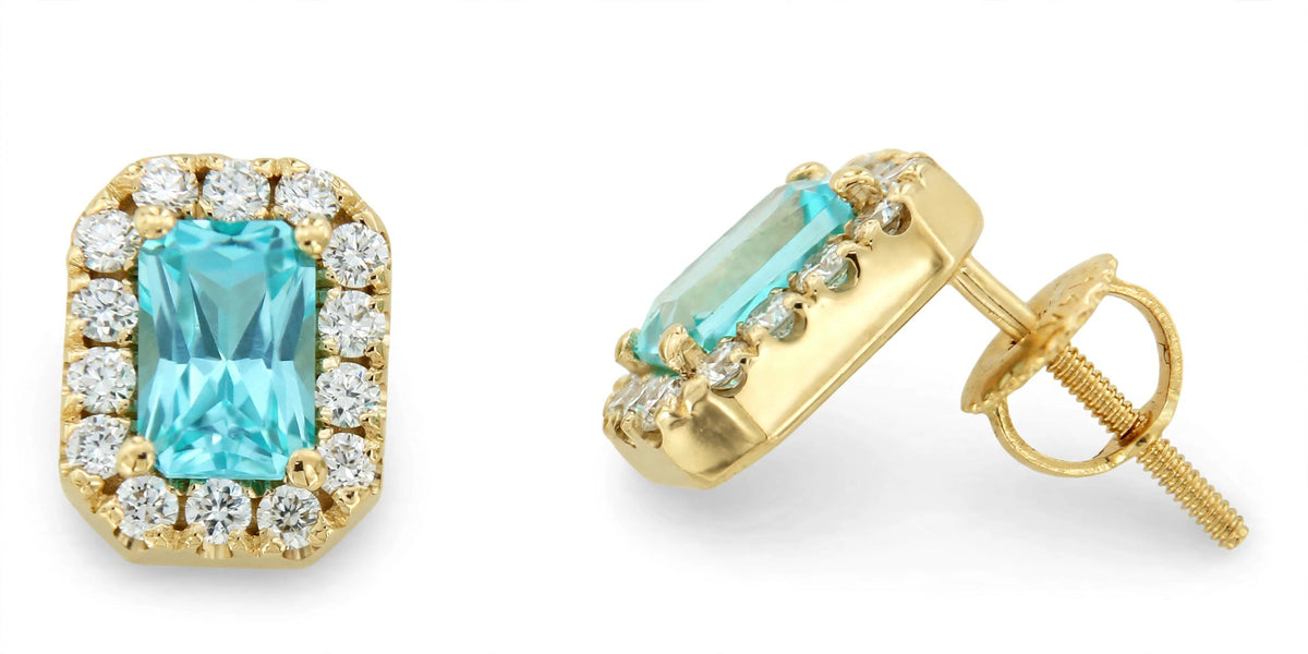 Radiant Lab-Grown Paraiba Earrings with Natural Diamond Halo Studs