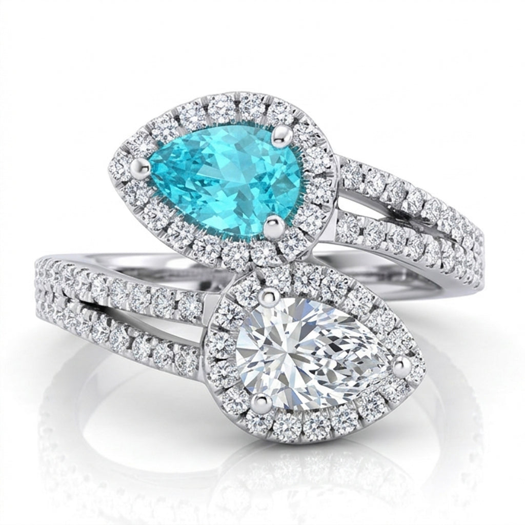 Pear Lab-Grown Paraiba and Diamond Bypass Ring with Natural Diamond Halo and Accents
