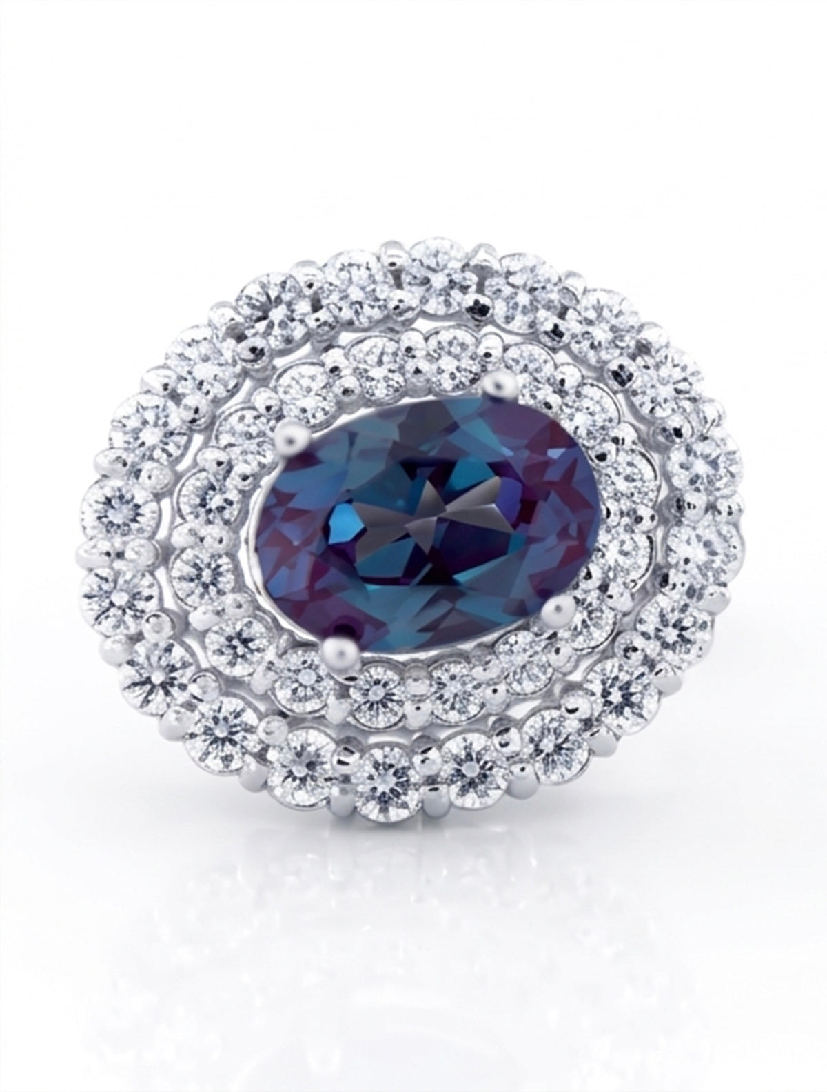 Oval Lab-Grown Alexandrite Earrings with Natural Diamond Spaced Double Halo