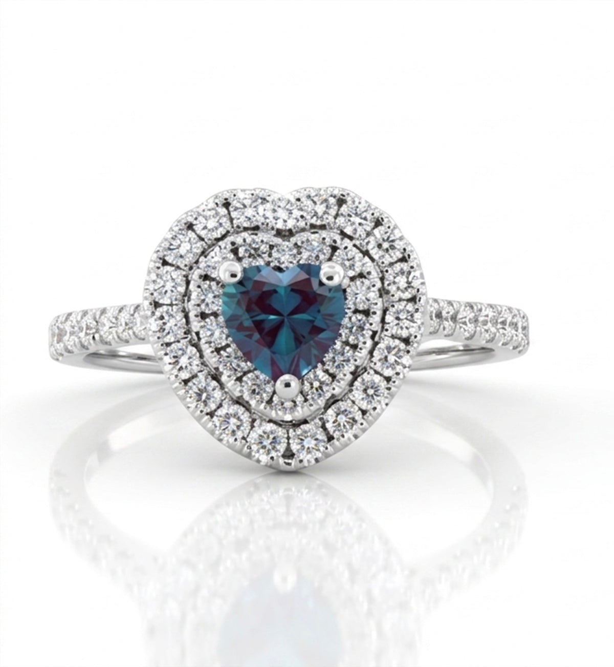 Heart-Shaped Lab-Grown Alexandrite Ring with Natural Diamond Double Halo and Accents