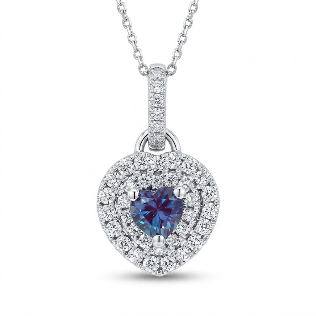 Heart-Shaped Lab-Grown Alexandrite Necklace with Natural Diamond Double Halo and Bale