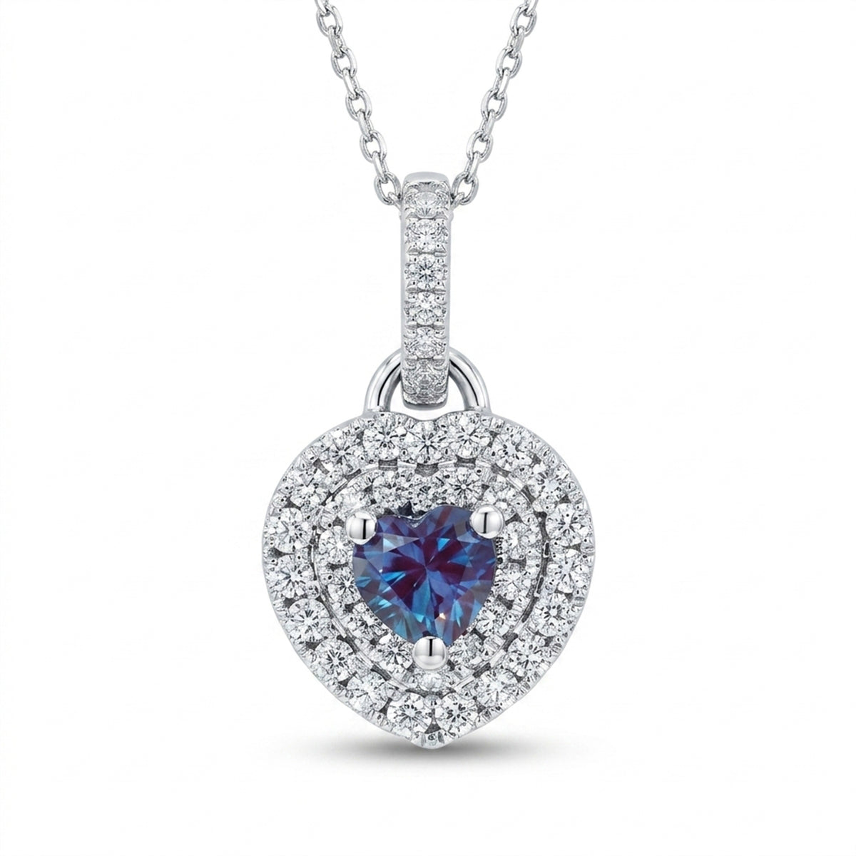 Heart-Shaped Lab-Grown Alexandrite Necklace with Natural Diamond Double Halo and Bale
