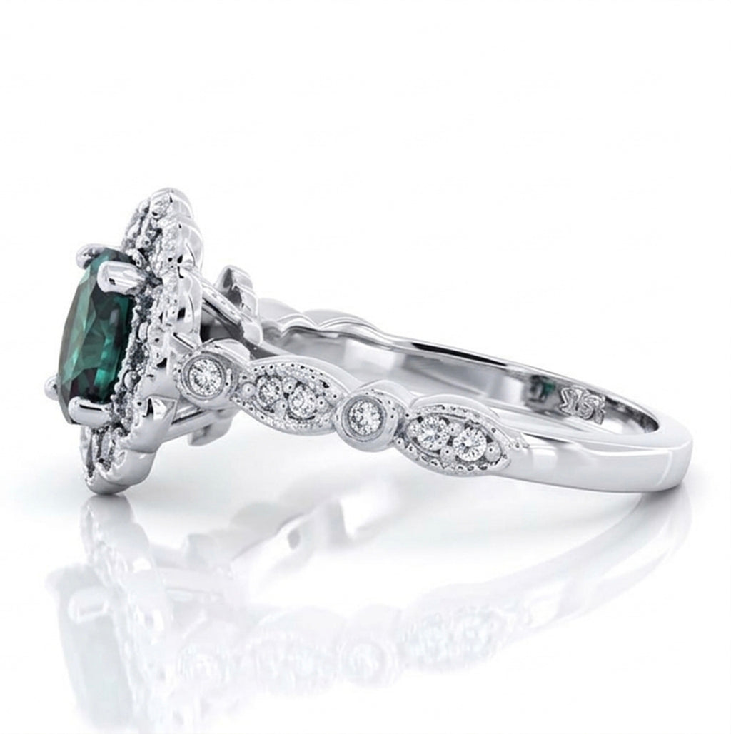 Oval Lab-Grown Alexandrite Flower Filigree Ring with Natural Diamond Halo and Milgrain Accents