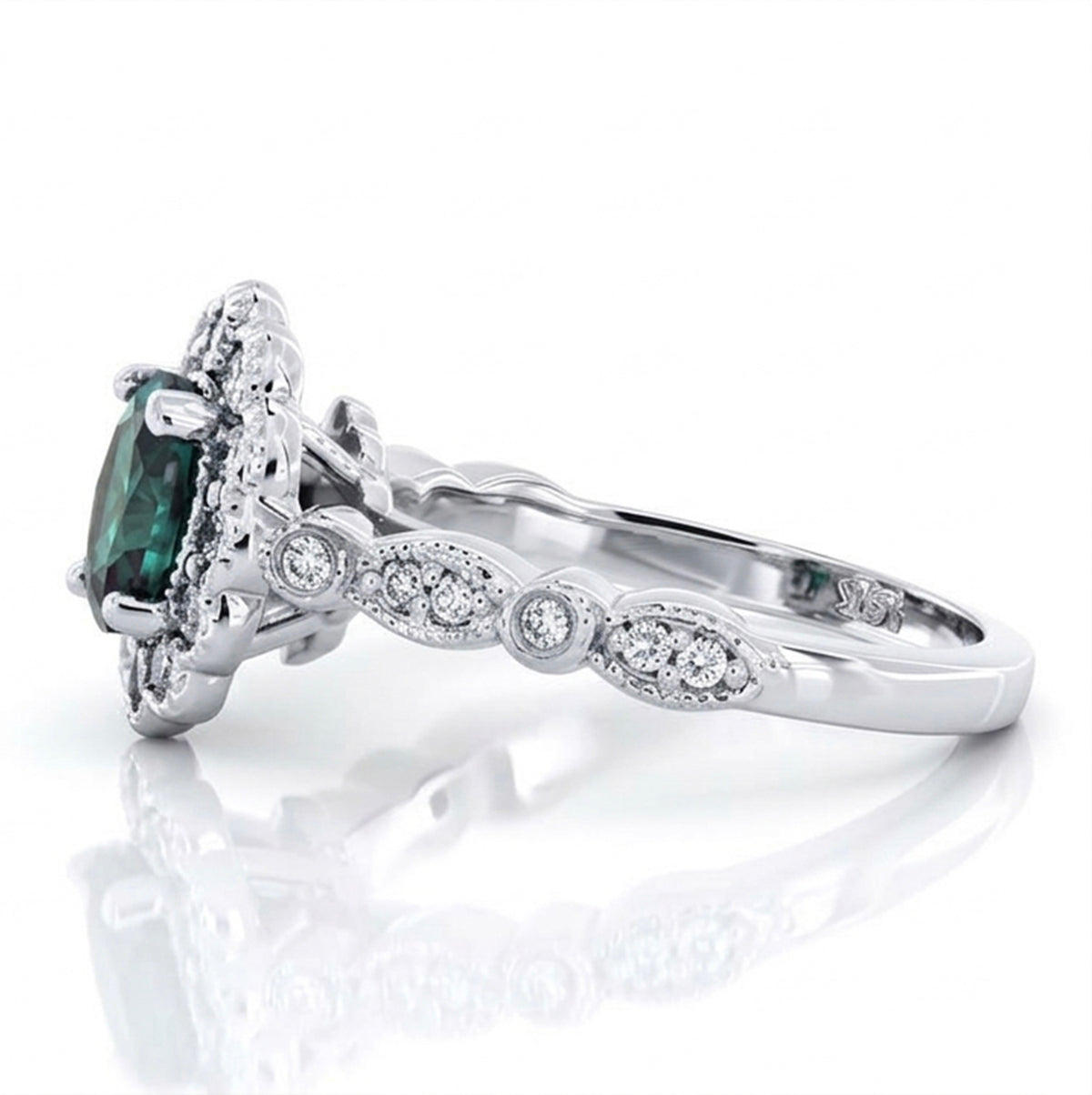 Oval Lab-Grown Alexandrite Flower Filigree Ring with Natural Diamond Halo and Milgrain Accents