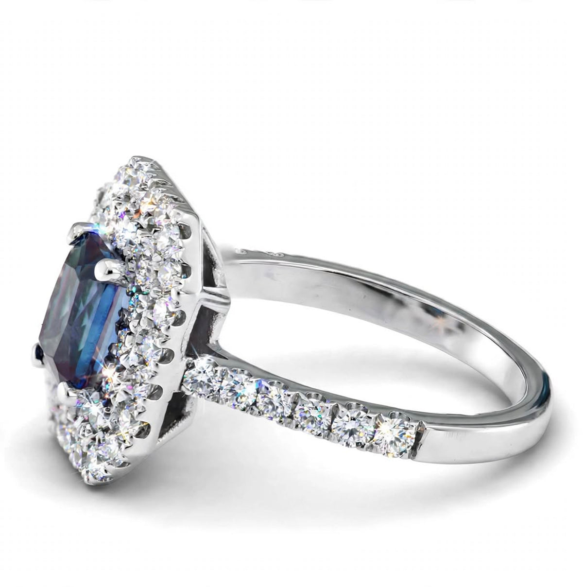 Radiant Lab-Grown Alexandrite Ring with Natural Diamond Double Halo and Accents
