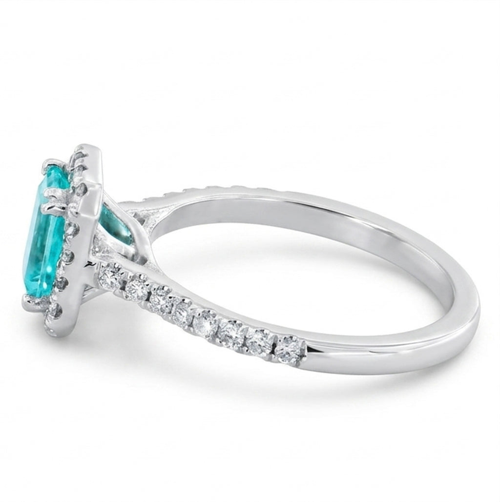 Small Radiant Lab-Grown Paraiba Ring with Natural Diamond Halo and Accents
