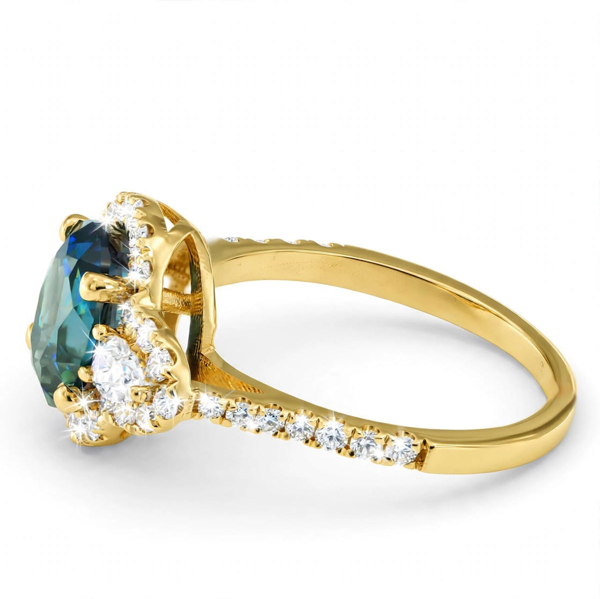 Pear Lab-Grown Alexandrite Ring with Natural Diamond Pears, Halo and Accents