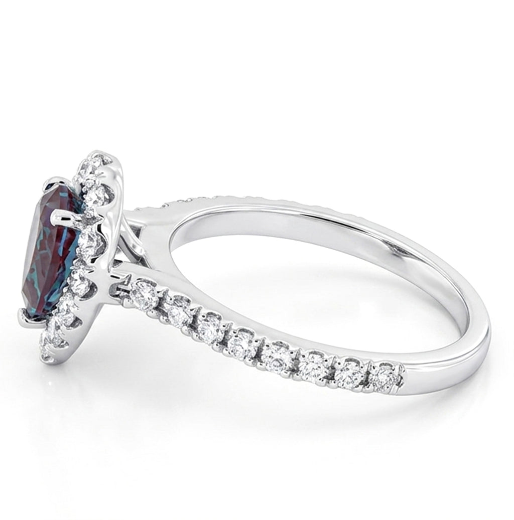Pear Lab-Grown Alexandrite Ring with Natural Diamond Halo and Accents