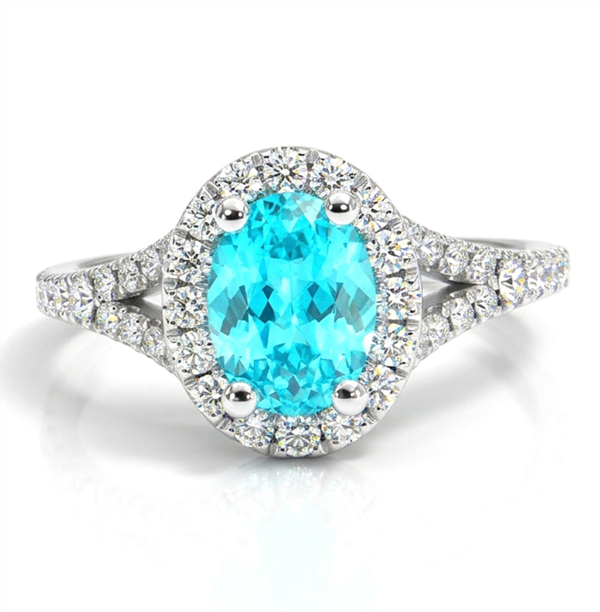 Large Oval Lab-Grown Paraiba Split Shank Ring with Natural Diamond Halo and Accents